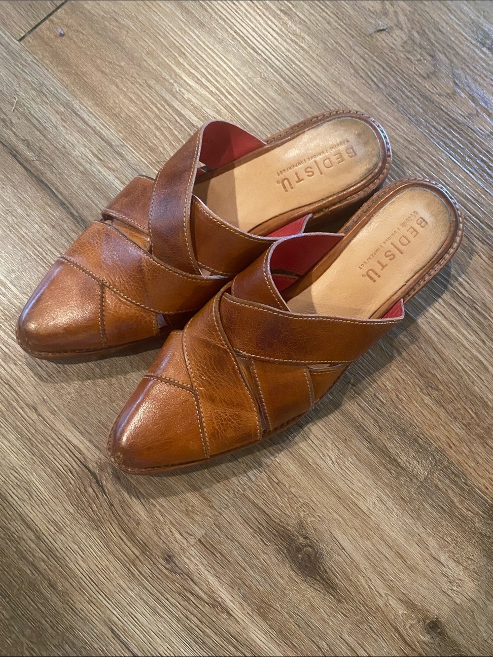 Bed Stu 6.5 37 leather mules cobbler shoes slides sandals cognac brown